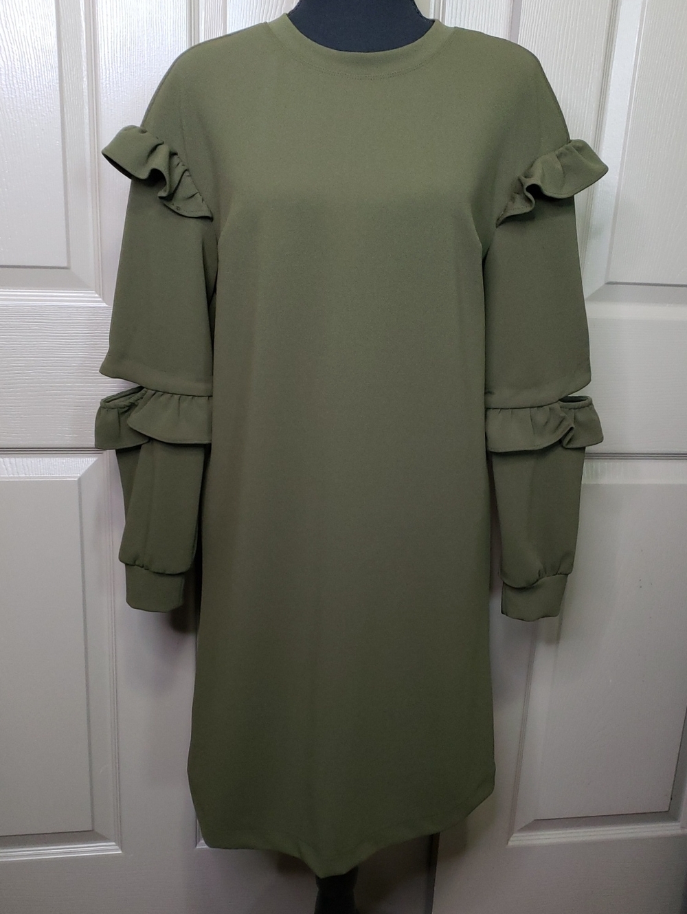 ECI Olive Green Ruffle Sleeve Long-Sleeve Dress